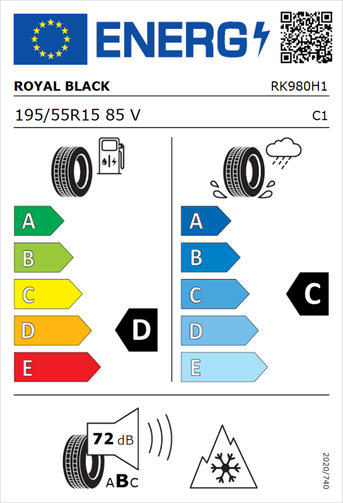 Tyre Label for Royal Black Royal A/S 195/55R15 85V