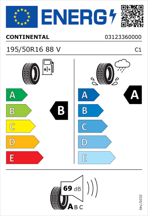 Tyre Label for Continental UltraContact 195/50R16 88V