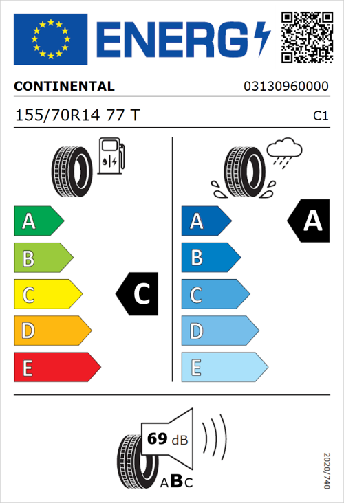 Tyre Label for Continental UltraContact 155/70R14 77T