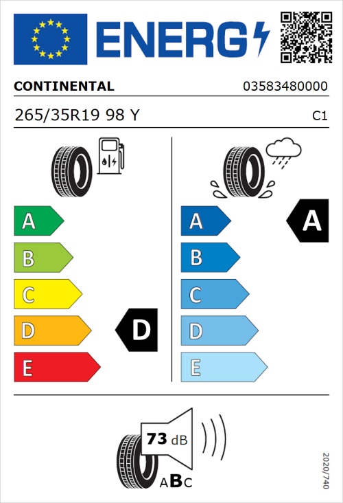 Tyre Label for Continental SportContact 6 ContiSilent 265/35R19 98Y